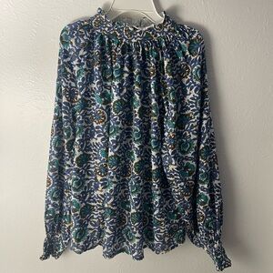 Oliphant Floral Smocked Neck Blouse in Navy, Teal, White, Gold Thread Sz M